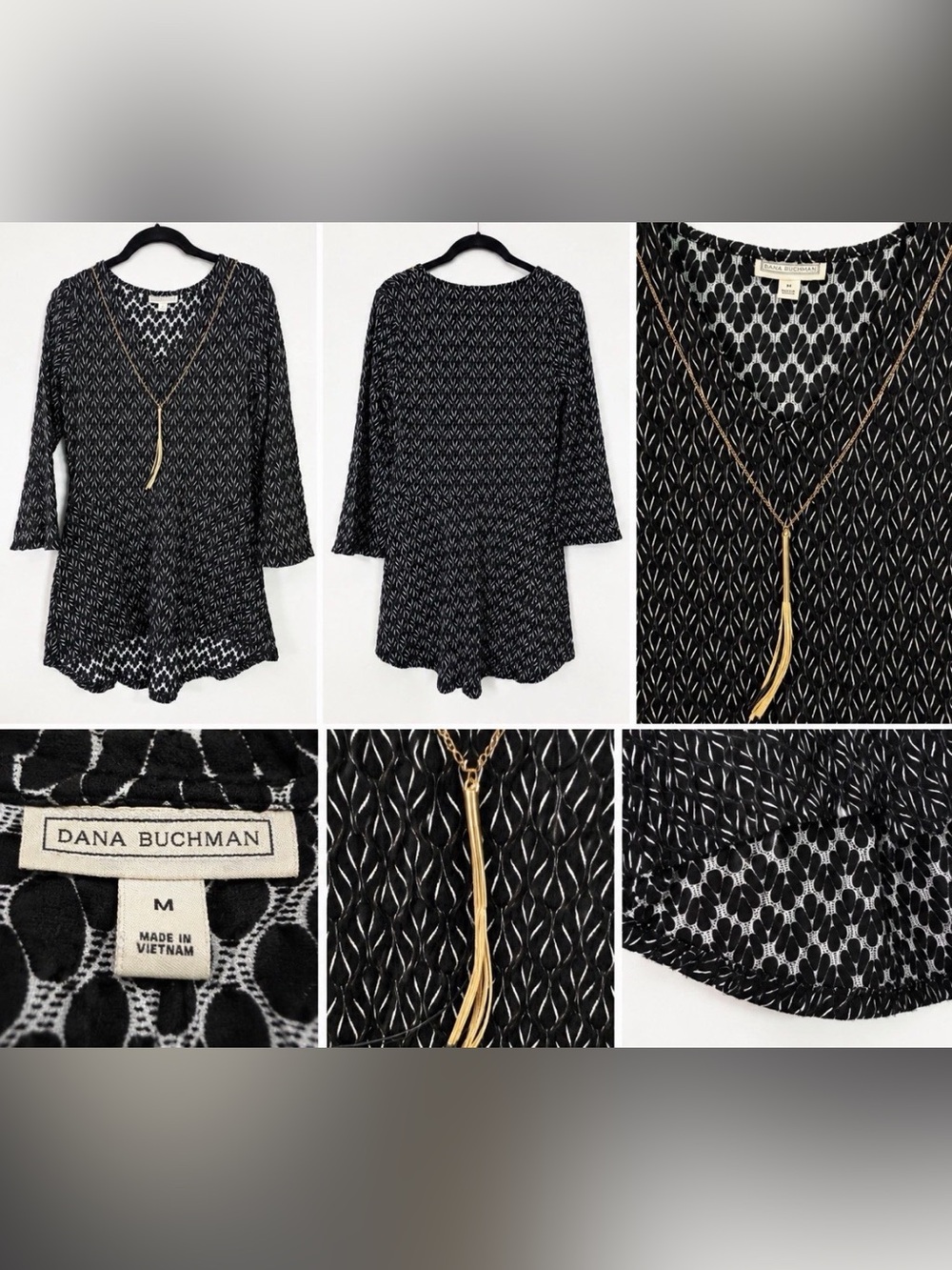 Dana Buchman Black White Babydoll Swing Tunic Top Dress Tassel Necklace - M